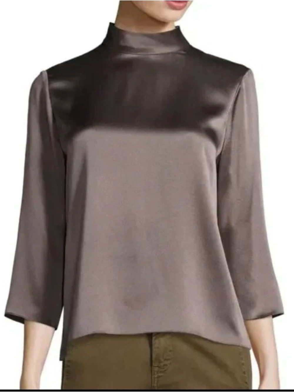 Vince Silk Mock-Neck Blouse - Chocolate Brown Full Sleeves
